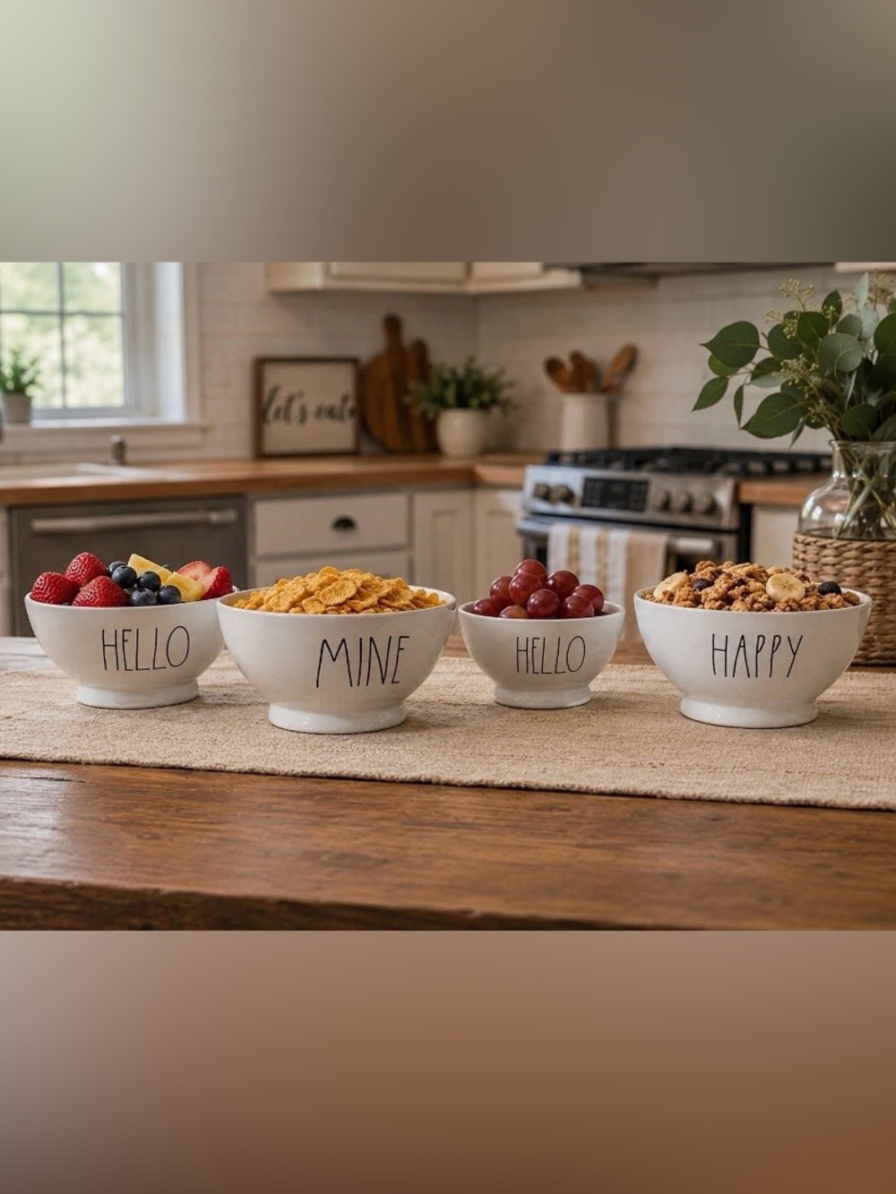 Rae Dunn. Artisan Collection by Magenta HELLO MINE HAPPY White Ceramic Bowl Set